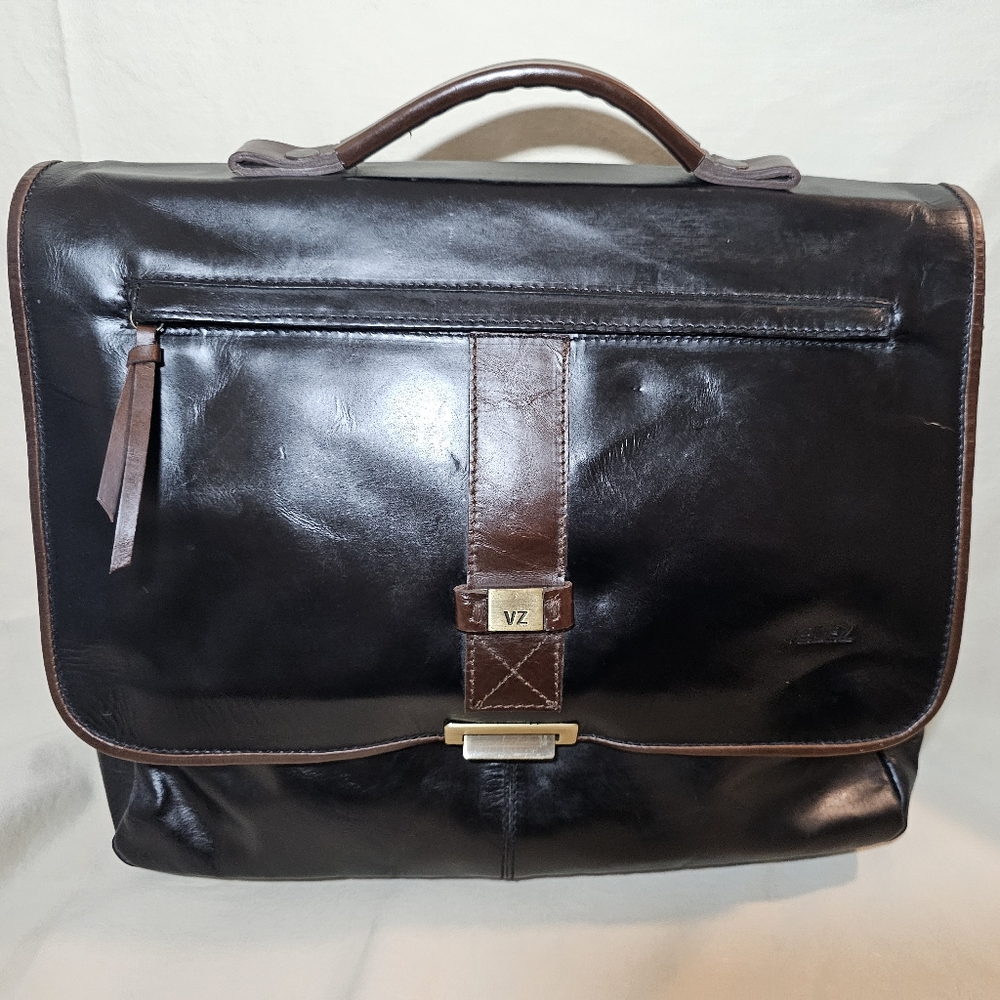 Black and Brown Leather Messenger Bag with Gold Clasp